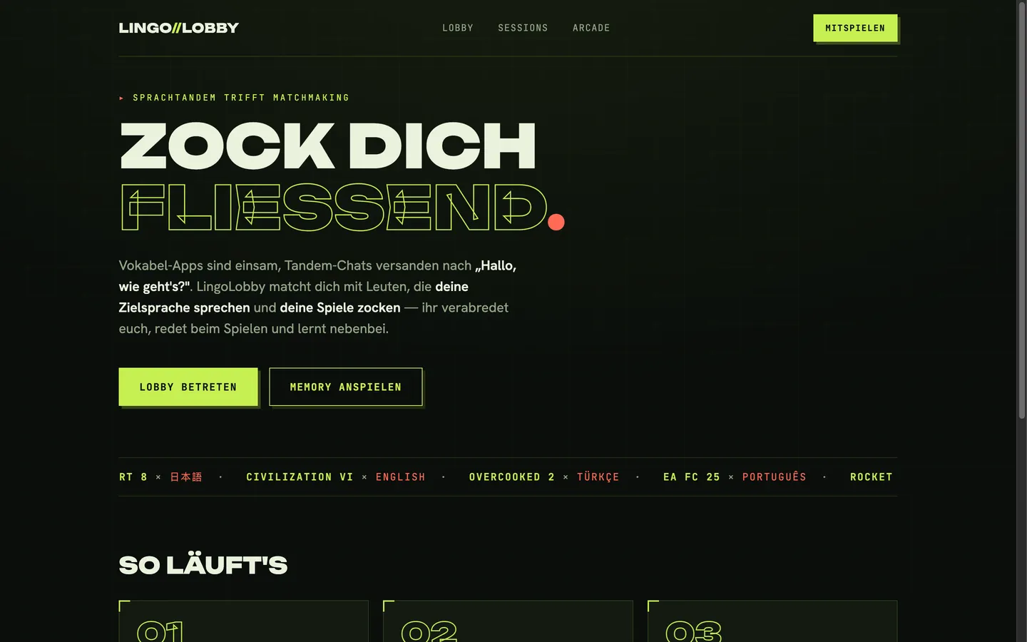 LingoLobby: Startseite mit dem Slogan Zock dich fließend